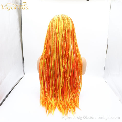 Long straight mixed red gold cheap wholesale high quality heat resistant synthetic braided wig with lace front